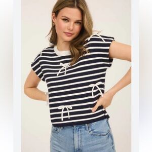 Mine Stripe Bow Detail Knit Top Navy White Short Sleeve Small